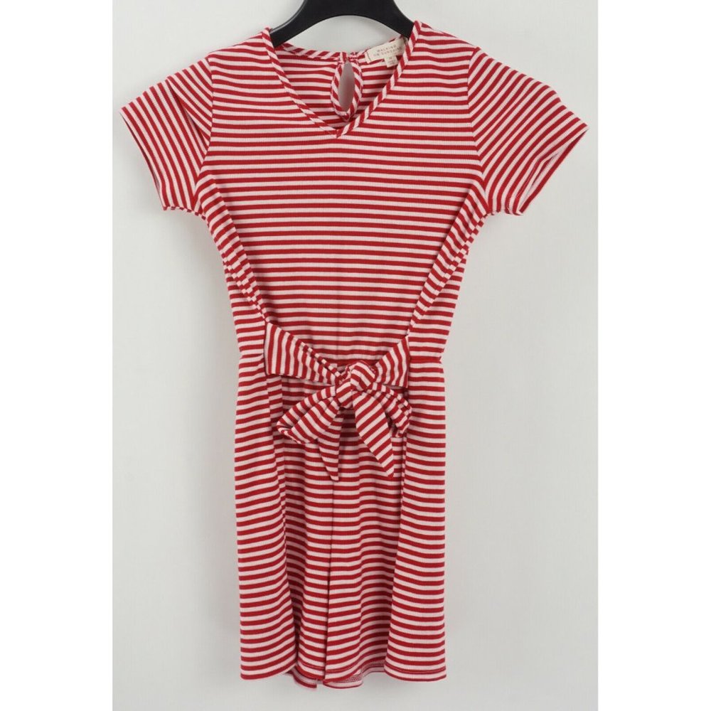 New 38$ Walking On Sunshine Girls Medium White Red Striped Knit Tie Front Romper